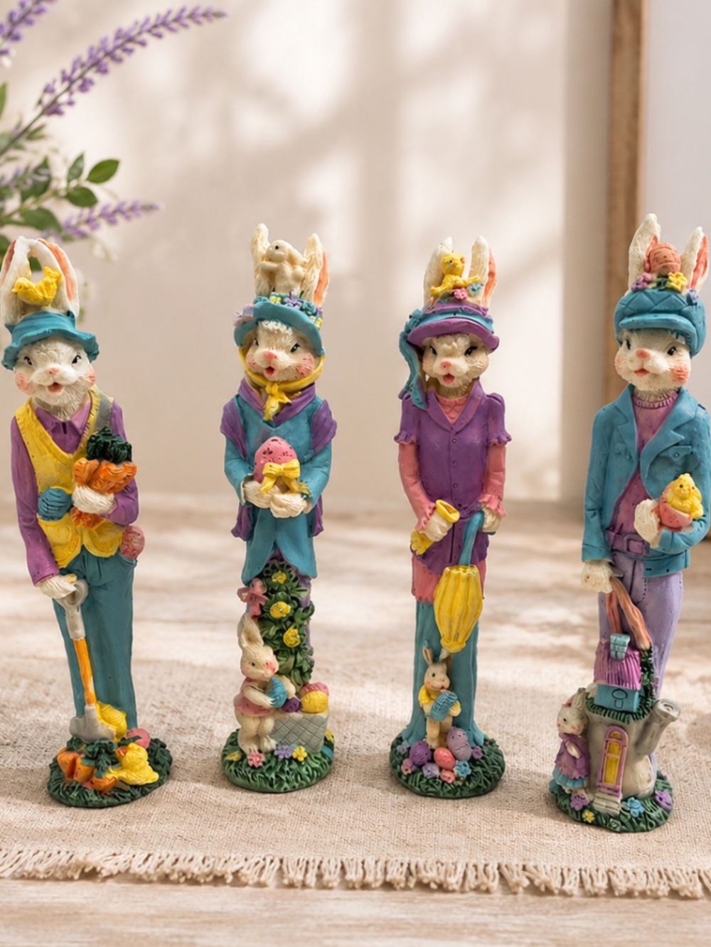 World Bazaars Easter Bunny Figurines Set of 4 Resin Pastel Spring Decor